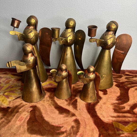 Vintage 70s Brass Copper Angel Candle Holders Set of 6 Candlesticks Christimas - Picture 1 of 11